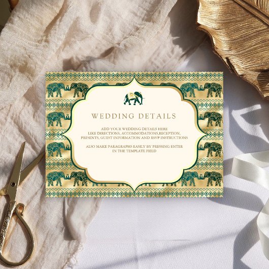 Carte D'accompagnement Cream Emerald Gold Elephant Indian Détails sur le