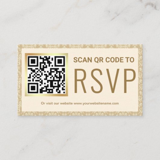 Carte D'accompagnement Cream et Gold Damask QR Code RSVP Mariage Website (Devant)