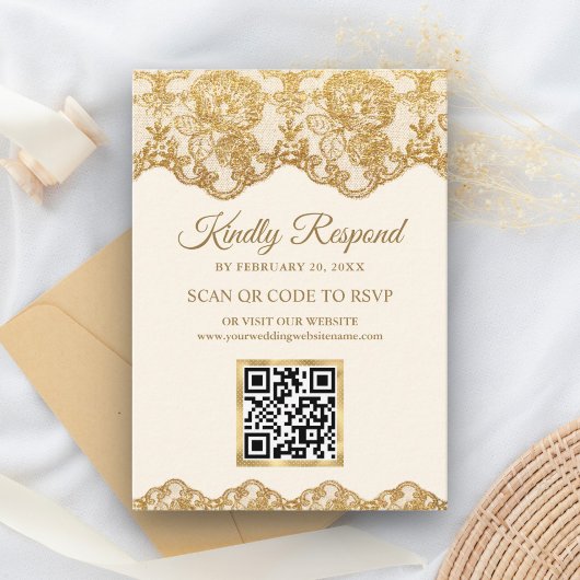 Carte D'accompagnement Cream Gold Foil Lace QR Code RSVP Site Mariage