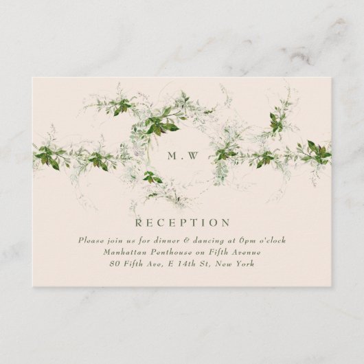 Carte D'accompagnement Crème Green Eucalyptus Monogramme Réception de mar (Devant)