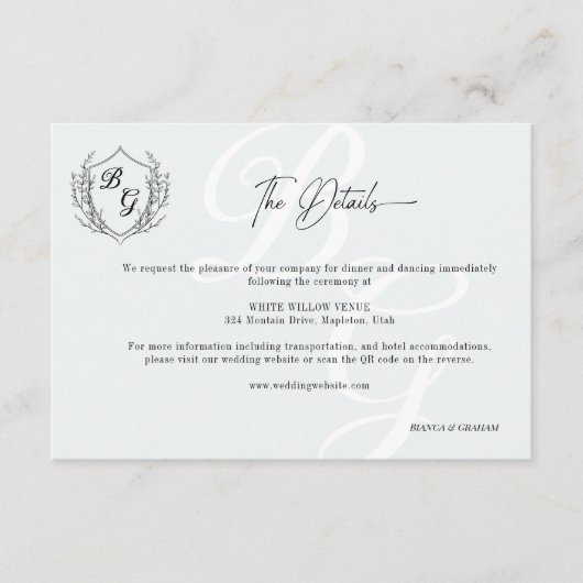 Carte D'accompagnement Crest Mariage Monogramme noir et blanc QR détails (Devant)