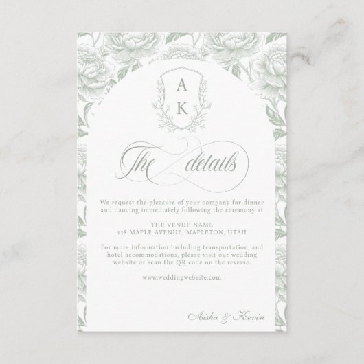 Carte D'accompagnement Crest Mariage Monogramme Sage Green Détails du scr (Devant)
