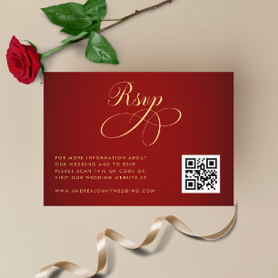 Carte D'accompagnement Crimson Red Gold QR Code RSVP Détails du Mariage