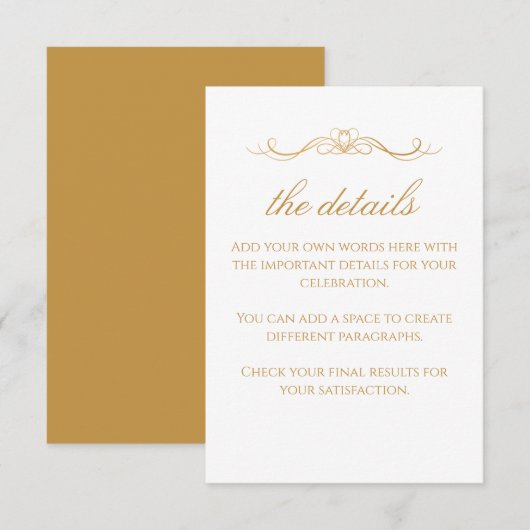 Carte D'accompagnement Custom Modern Elegant Gold & White Wedding Details (Devant / Derrière)