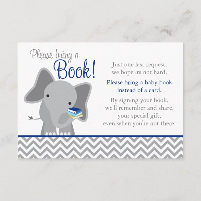 Carte D'accompagnement Cute Elephant Chevron Marine Blue Baby shower Book (Devant)