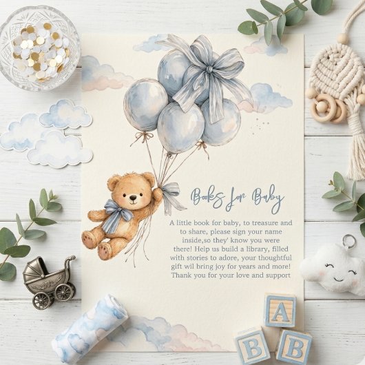 Carte D'accompagnement Cute Teddy Bear Blue Balloons Clouds Baby Boy