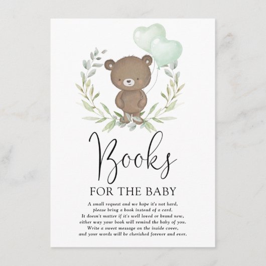 Carte D'accompagnement Cute Teddy Bear Greenery Livres neutres pour bébé (Devant)
