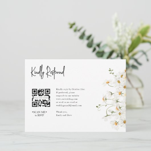 Carte D'accompagnement Daisy RSVP Mariage QR CODE Détails sur le dos (Debout devant)