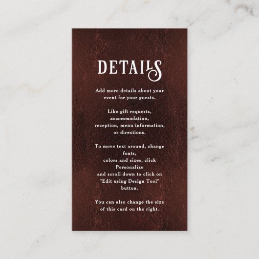 Carte D'accompagnement Dark Burgundy Brown Rustic Wedding Details (Devant)