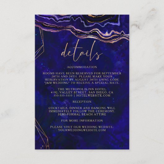 Carte D'accompagnement Dark Geode Deep Blue Agate Détails du Mariage (Devant)