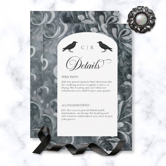 Carte D'accompagnement Dark Gothic Grey & Black Damask & Ravens Détails
