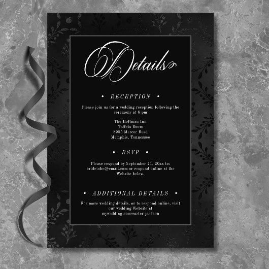 Carte D'accompagnement Dark gothique noir floral satin Mariage damassé