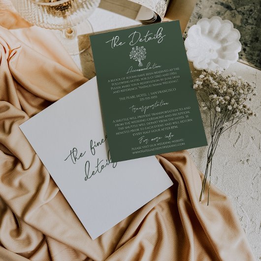 Carte D'accompagnement Dark Green Floral Bouquet Boho Wedding Details