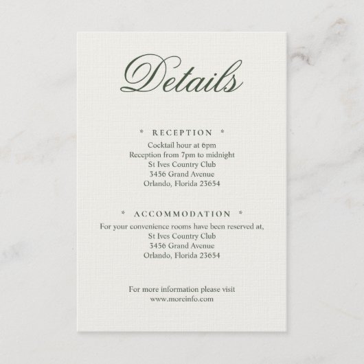 Carte D'accompagnement Dark Green Greenery Wedding Calligraphy Details (Devant)