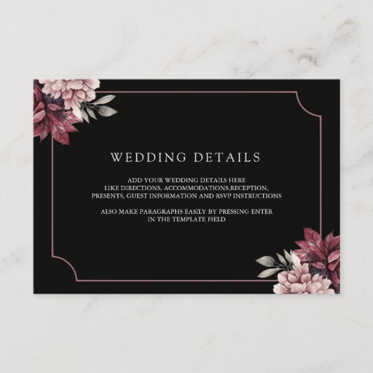 Carte D'accompagnement Dark Moody Floral Frame Black Wedding Details (Devant)