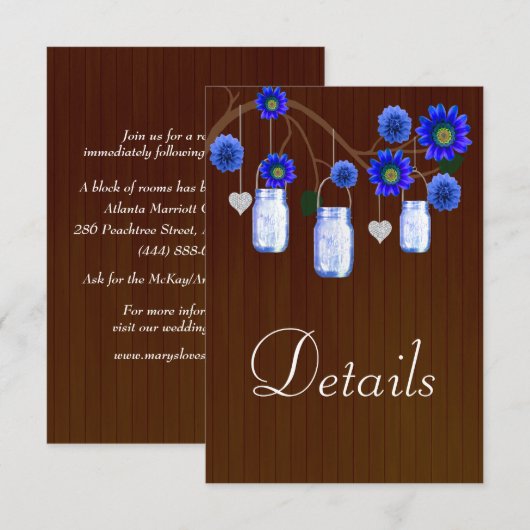 Carte D'accompagnement Dark Rustic Blue Floral Mason Jars Détails du Mari (Devant / Derrière)