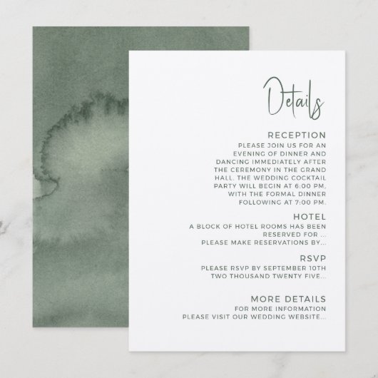 Carte d'accompagnement de mariage moderne Détails. (Devant / Derrière)