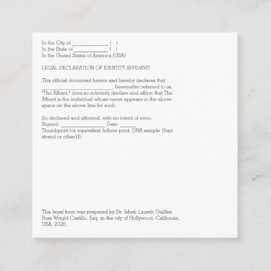 Carte D'accompagnement Déclaration légale d'affidavit d'identification (Devant)