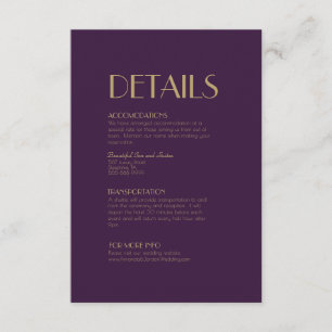 Carte D'accompagnement Déco type or Détails du Mariage pourpre foncé