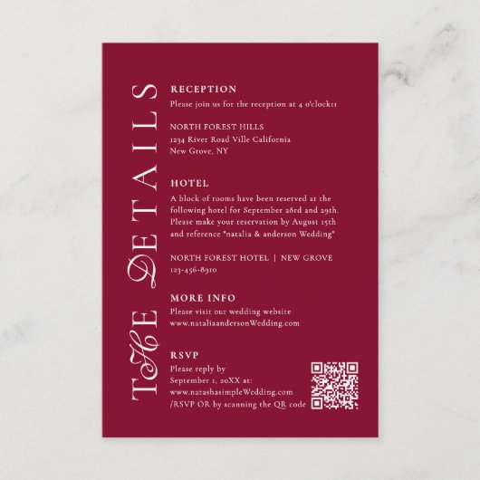 Carte D'accompagnement Deep Burgundy Script Qr Code Wedding Details (Devant)