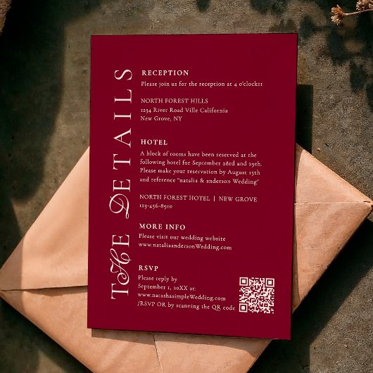 Carte D'accompagnement Deep Burgundy Script Qr Code Wedding Details