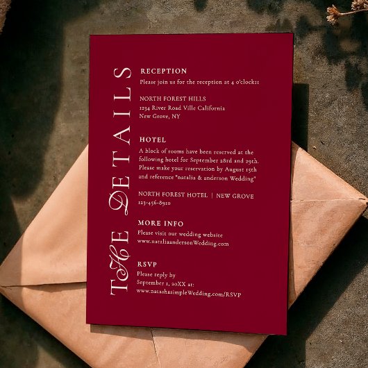 Carte D'accompagnement Deep Burgundy Script Wedding Details
