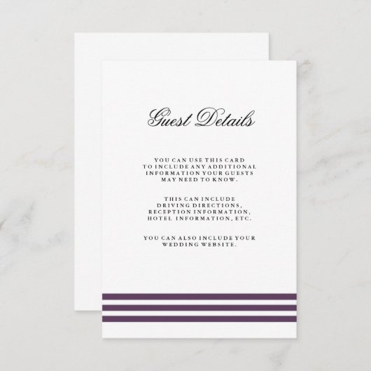 Carte D'accompagnement Deep Plum Stripes Mariage Détails de l'invité (Devant / Derrière)