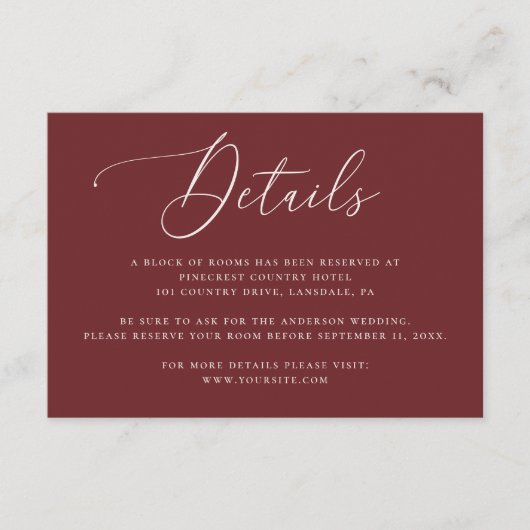 Carte D'accompagnement Deep Wine Red Wedding Details | Accommodation (Devant)