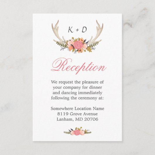 Carte D'accompagnement Deer Antler Floral Wedding Réception Direction (Devant)