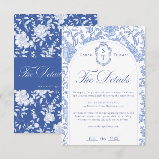 Carte D'accompagnement Delft Blue Floral Chinoiserie Monogram Wedding (Devant / Derrière)