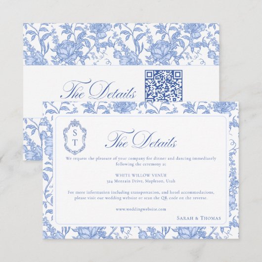 Carte D'accompagnement Delft Blue Floral Chinoiserie Monogram Wedding (Devant / Derrière)
