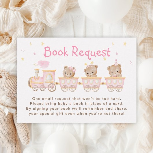 Carte D'accompagnement Demande de Baby shower de train rose ours