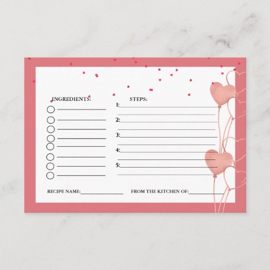 Carte D'accompagnement Demande de recette pour la douche de mariée au cœu (Devant)