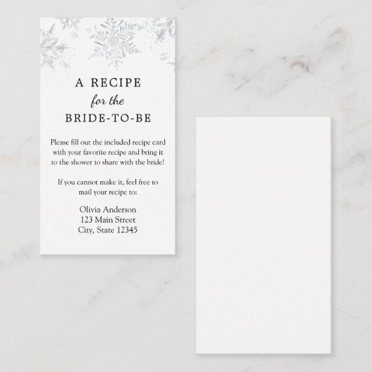 Carte D'accompagnement Demande de recette pour la nuptiale de flocon de n (Devant / Derrière)