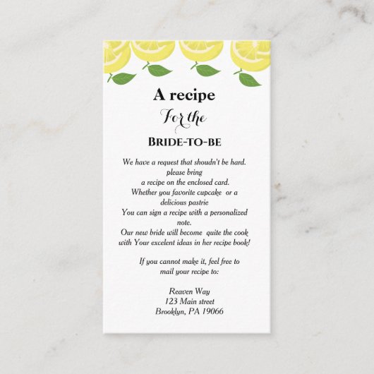 Carte D'accompagnement Demande de recette thème citron enterrement de vie (Devant)