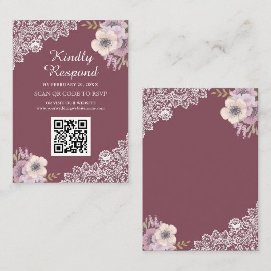 Carte D'accompagnement Dentelle rose florale QR Code RSVP Site Mariage (Devant / Derrière)