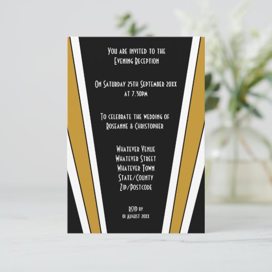 Carte D'accompagnement Design Art Déco Réception Mariage Noir Et Or (Debout devant)