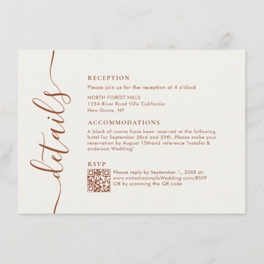 Carte D'accompagnement Design Chic Boho Cream Script Détails Mariage (Devant)