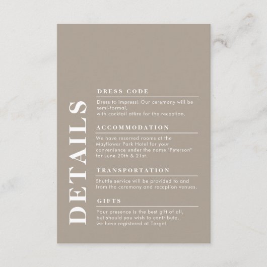 Carte D'accompagnement Design élégant Détails Mariage Taupe Simple (Devant)