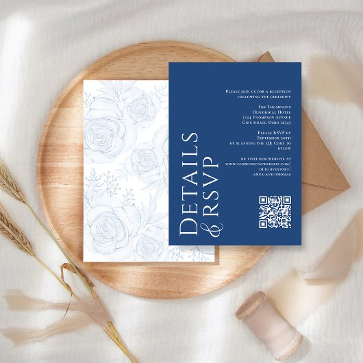 Carte D'accompagnement Design élégant QR Code RSVP détails Blue Floral
