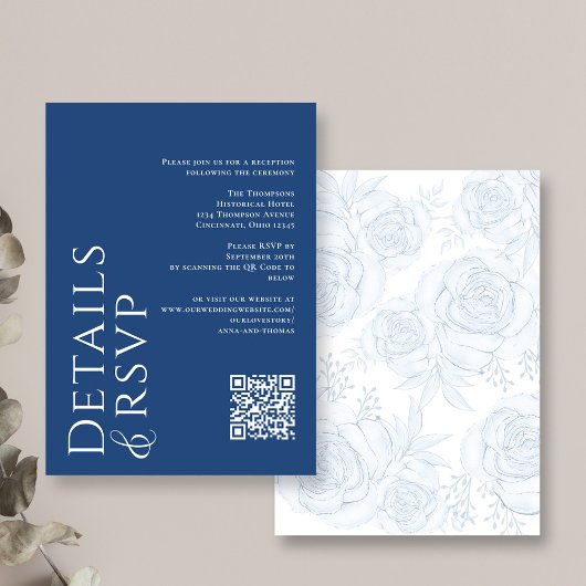 Carte D'accompagnement Design élégant QR Code RSVP détails Blue Floral