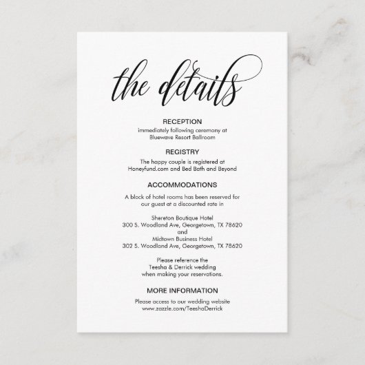 Carte D'accompagnement Design élégant, Script noir, Nos détails Mariages (Devant)