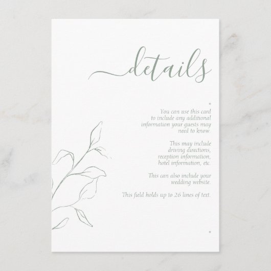 Carte D'accompagnement Design moderne Vert Script Mariage Détails Boîtier (Devant)