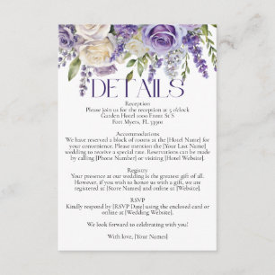 Carte D'accompagnement Détail de mariage de roses blanches et lavande vio