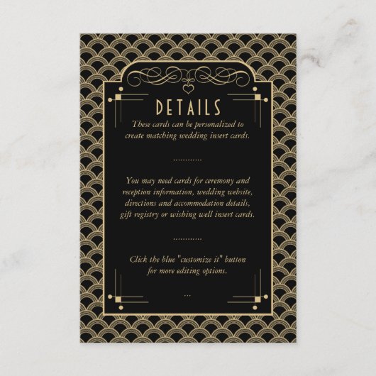 Carte D'accompagnement Détail de mariage Gatsby Art Déco vintage des anné (Devant)