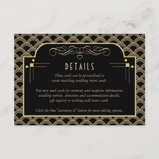 Carte D'accompagnement Détail du Mariage Art Déco Gatsby des années 1920  (Devant)