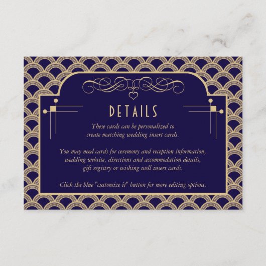 Carte D'accompagnement Détail du Mariage Art Déco Gatsby des années 1920  (Devant)