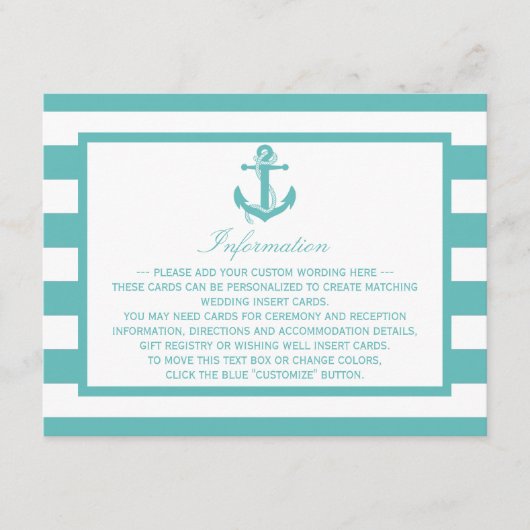Carte D'accompagnement Détail du Mariage d'Ancre de bande turquoise marin (Devant)