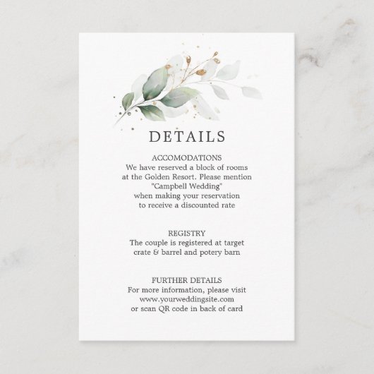 Carte D'accompagnement DÉTAILS Botanical Greenery Gold Mariage QR code (Devant)