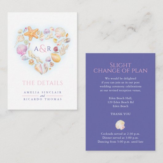 Carte D'accompagnement Détails changements coquilles coeur mariage (Devant / Derrière)